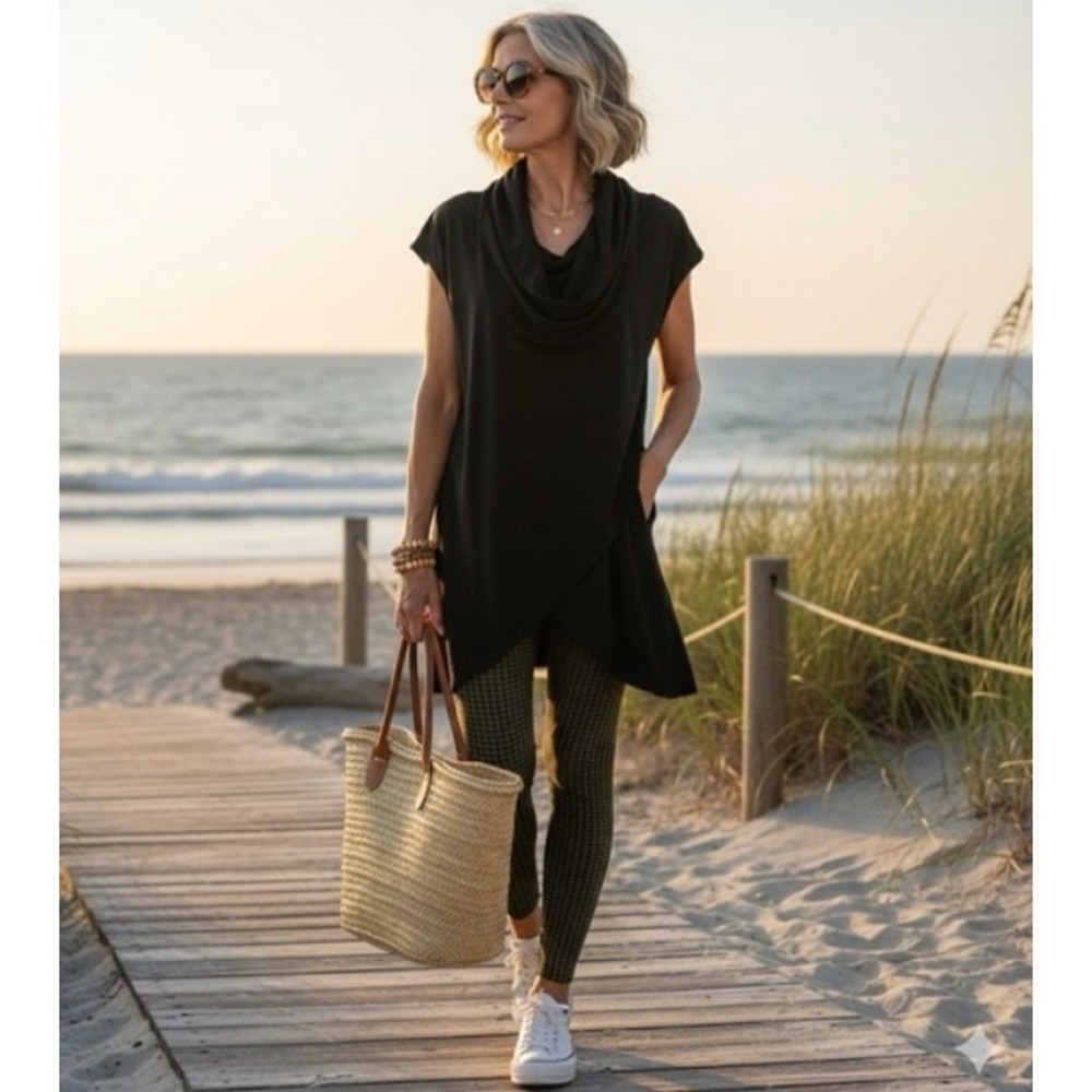 Bryn Walker Lavinia Tunic Womens L Tulip Hem Top Black Sleeveless Cowl Neck